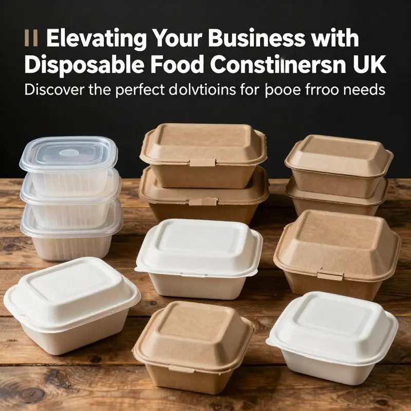 A collage of different disposable food containers including plastic, kraft paper, and multi-compartment designs, showcasing options for businesses.
