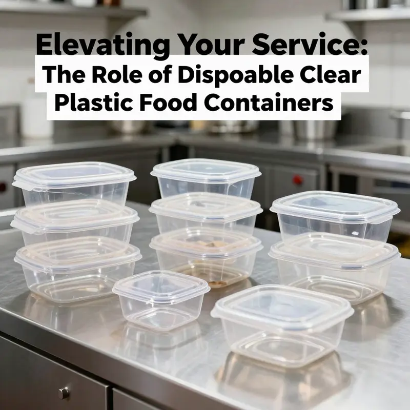 Various types of disposable clear plastic food containers displayed on a countertop in a kitchen, showing their different styles and uses.
