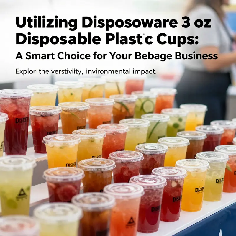 An array of Disposoware cups filled with different colorful beverages displayed at an event.