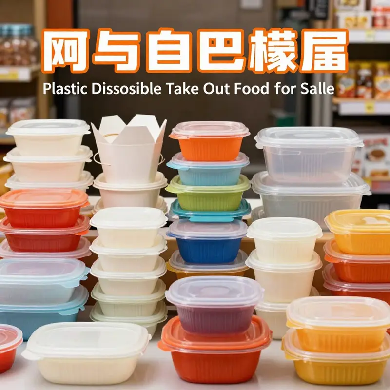 A variety of plastic disposable take out food containers available on Alibaba, designed for various food service needs.