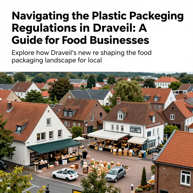 A panoramic image of Draveil, depicting various food service venues utilizing diverse food packaging options in compliance with regulations.
