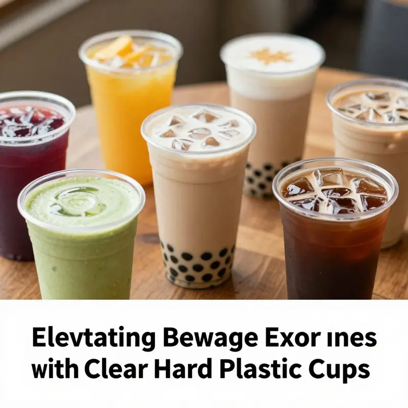 Clear hard plastic cups showcasing their versatility with various beverages.