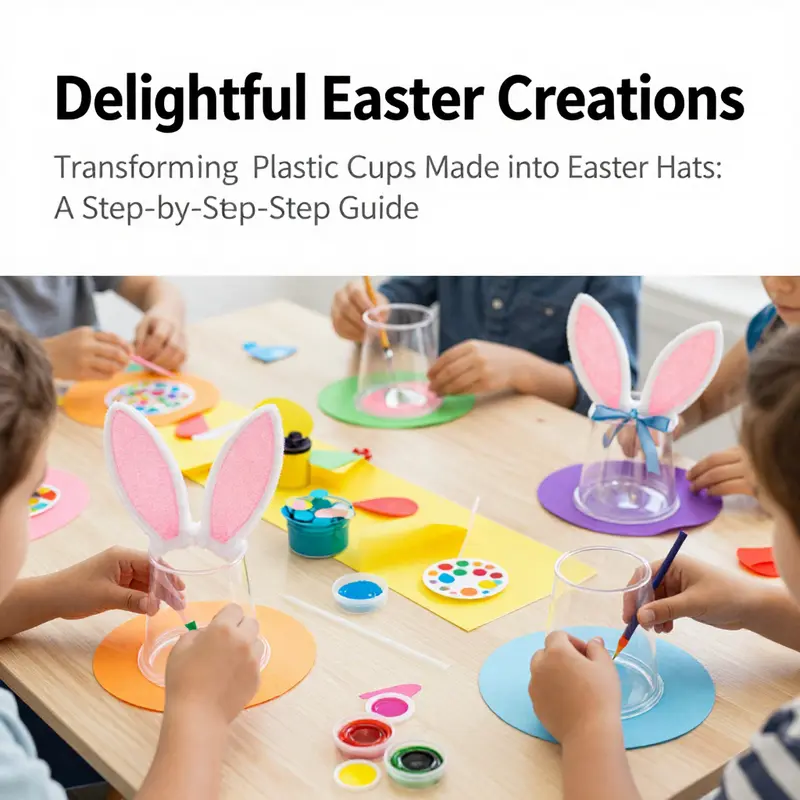 Children enjoying a workshop crafting Easter hats from clear plastic cups.