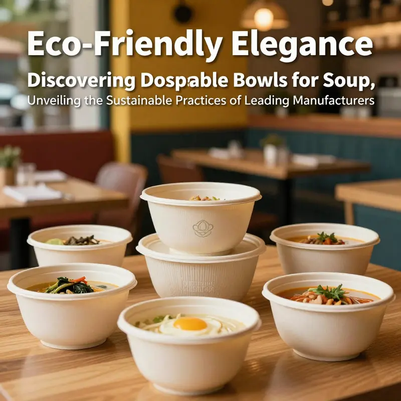 A scene that showcases an array of eco-friendly disposable soup bowls set for serving in a lively restaurant, emphasizing sustainability.