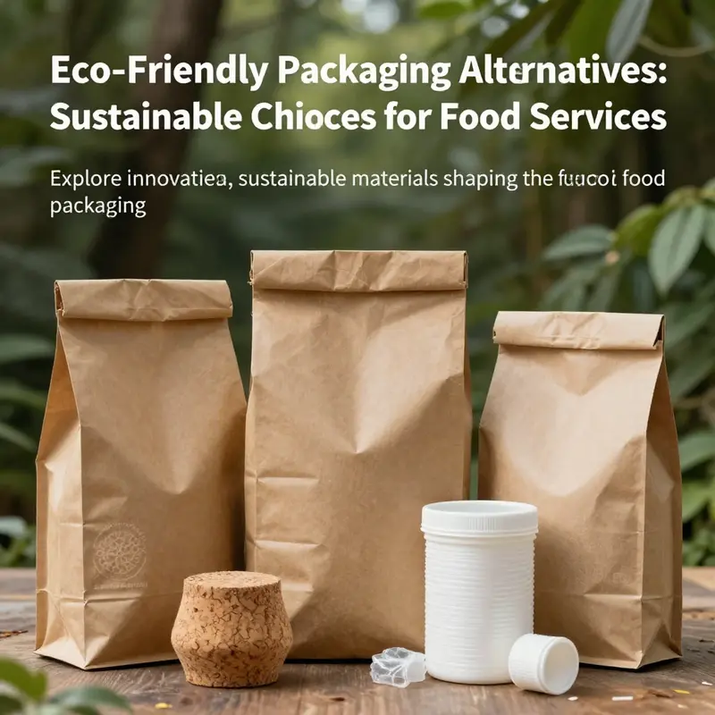 A variety of eco-friendly packaging materials such as bagasse, cork, and kraft paper presented in a natural setting.