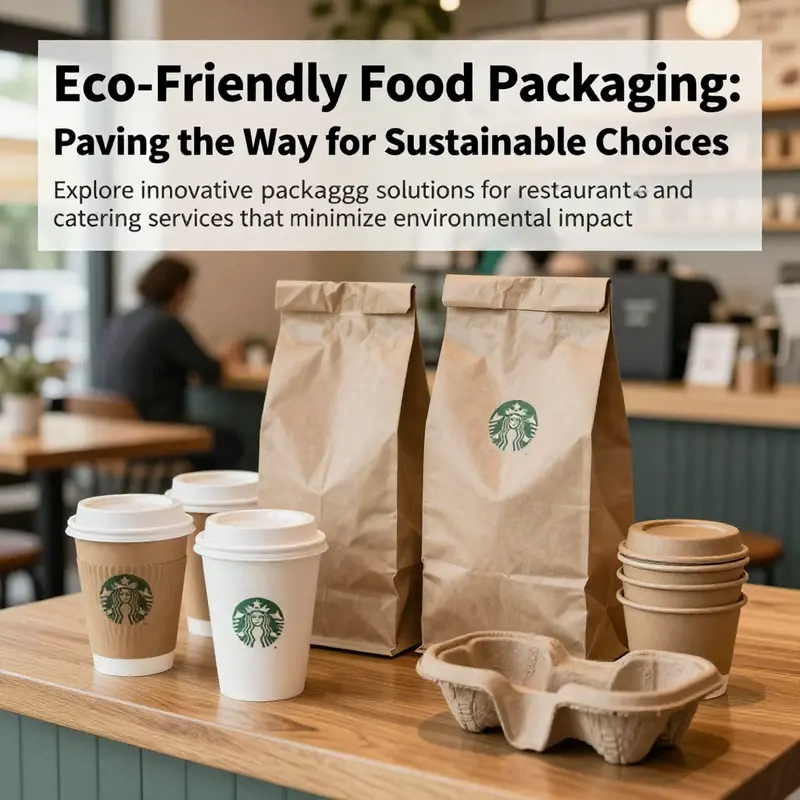 A contemporary cafe highlighting eco-friendly food packaging, showcasing compostable cups and reusable containers on display.