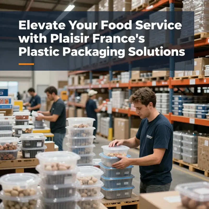 A display of transparent plastic food containers featuring an assortment of fruits and desserts, showcasing the versatility of Plaisir France’s offerings.