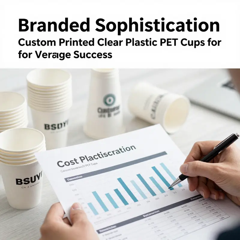 Variety of custom printed PET cups filled with colorful beverages, exemplifying branding.