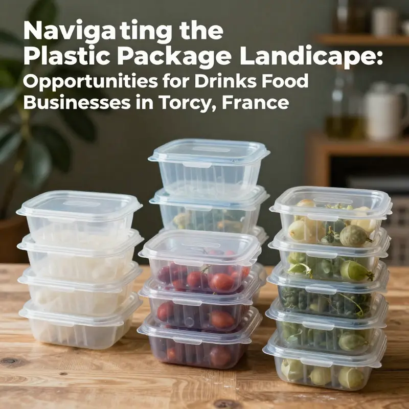 A vibrant scene of food and beverage businesses utilizing plastic packaging containers in Torcy.