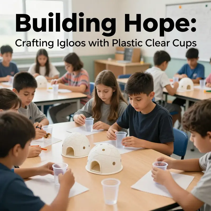 Participants engaged in building an igloo from plastic cups, demonstrating innovative assembly techniques.