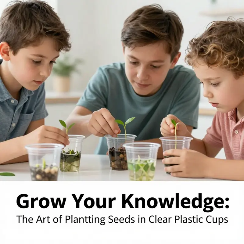 Display of materials needed for planting seeds in clear plastic cups.