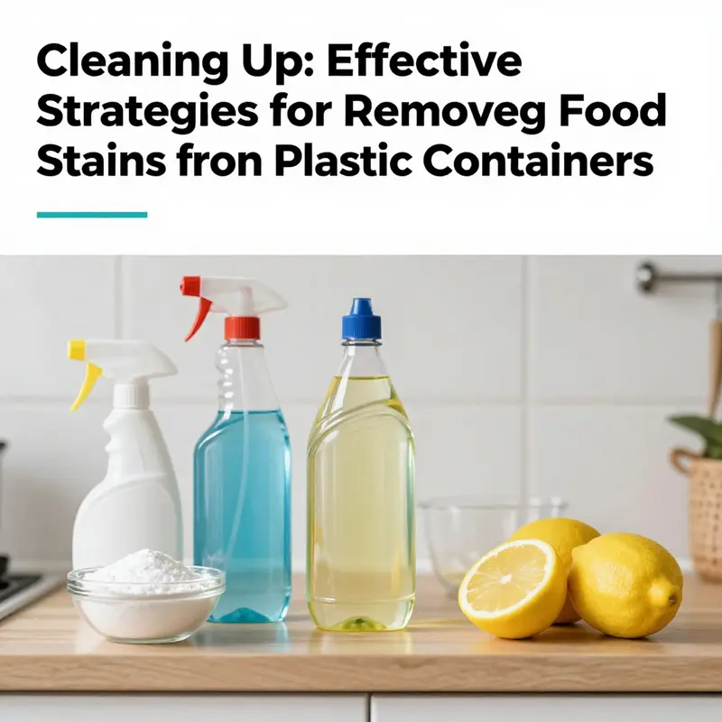 An organized kitchen shelf with natural cleaning supplies like baking soda, vinegar, and lemons emphasizing eco-friendly cleaning.