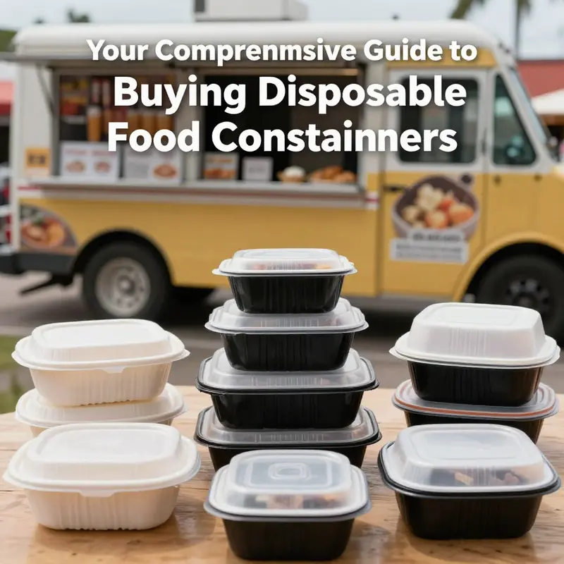 A dynamic scene of various disposable food containers used in restaurants and food trucks.