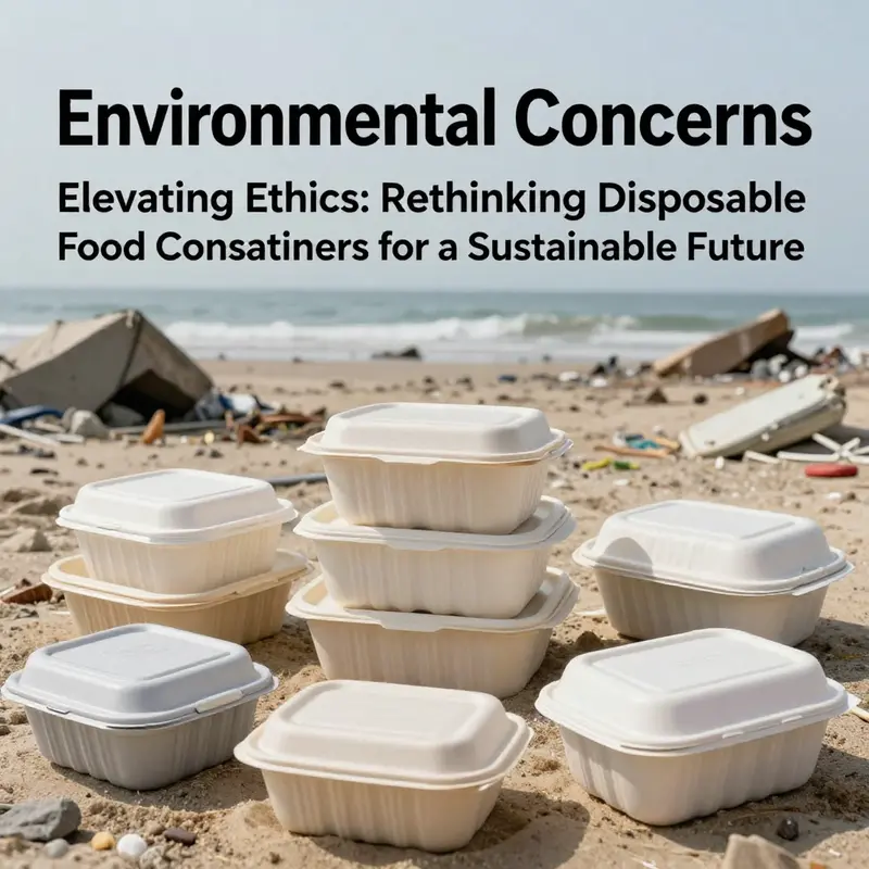 The environmental impact of disposable food containers, juxtaposed with polluted nature.