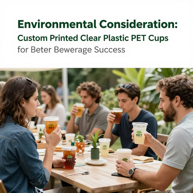 Variety of custom printed PET cups filled with colorful beverages, exemplifying branding.