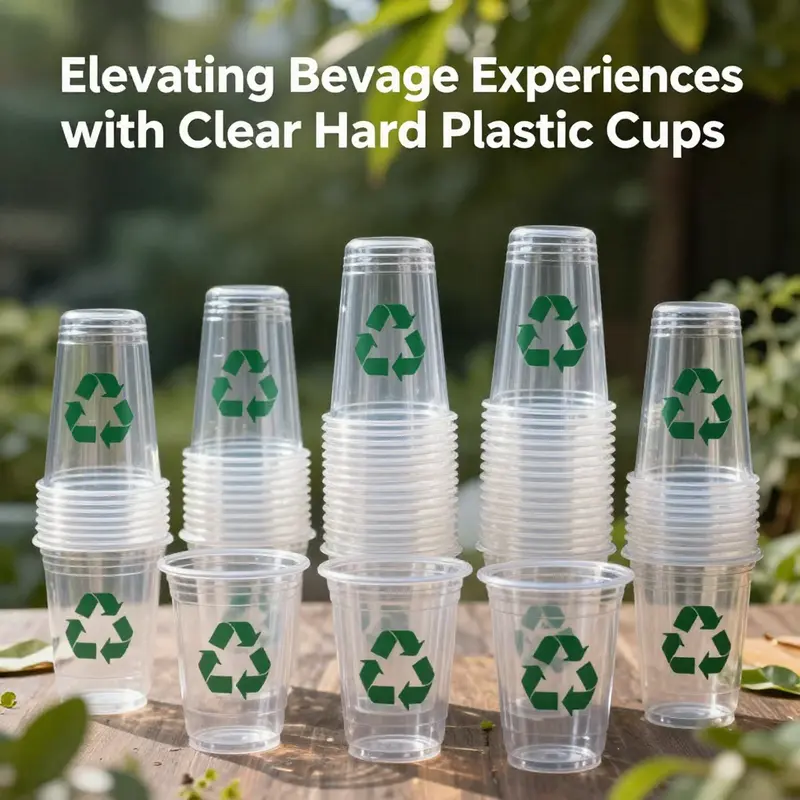 Clear hard plastic cups showcasing their versatility with various beverages.