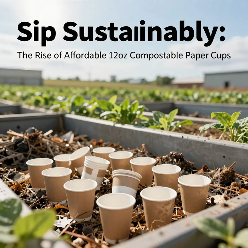 The construction of a 12oz compostable paper cup showcasing its paper body and PLA lining.