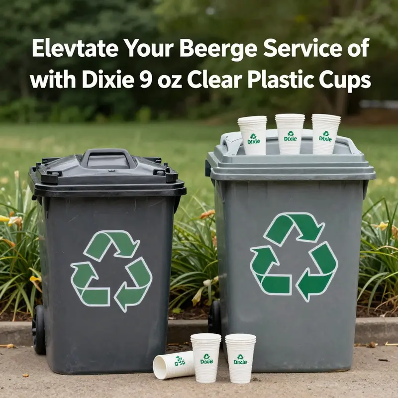 Dixie 9 oz clear plastic cups showcased with beverages, highlighting their features.