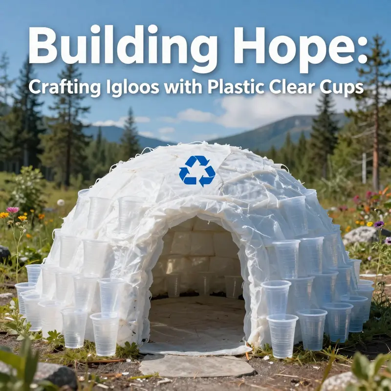 Participants engaged in building an igloo from plastic cups, demonstrating innovative assembly techniques.