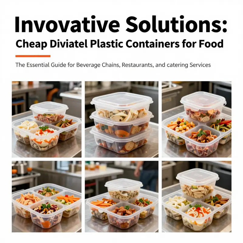 A collage of cheap divided plastic containers filled with delicious foods in a restaurant setting, symbolizing efficiency and organization.