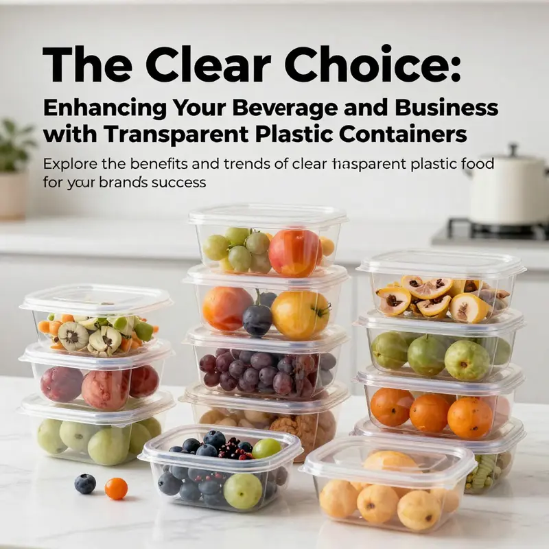 An attractive display featuring various clear transparent plastic food containers filled with colorful food and drinks.