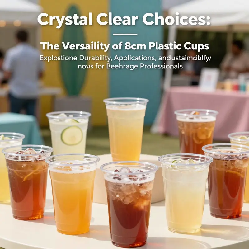 A festive collection of clear plastic cups approximately 8cm tall filled with vibrant drinks, ideal for outdoor gatherings.