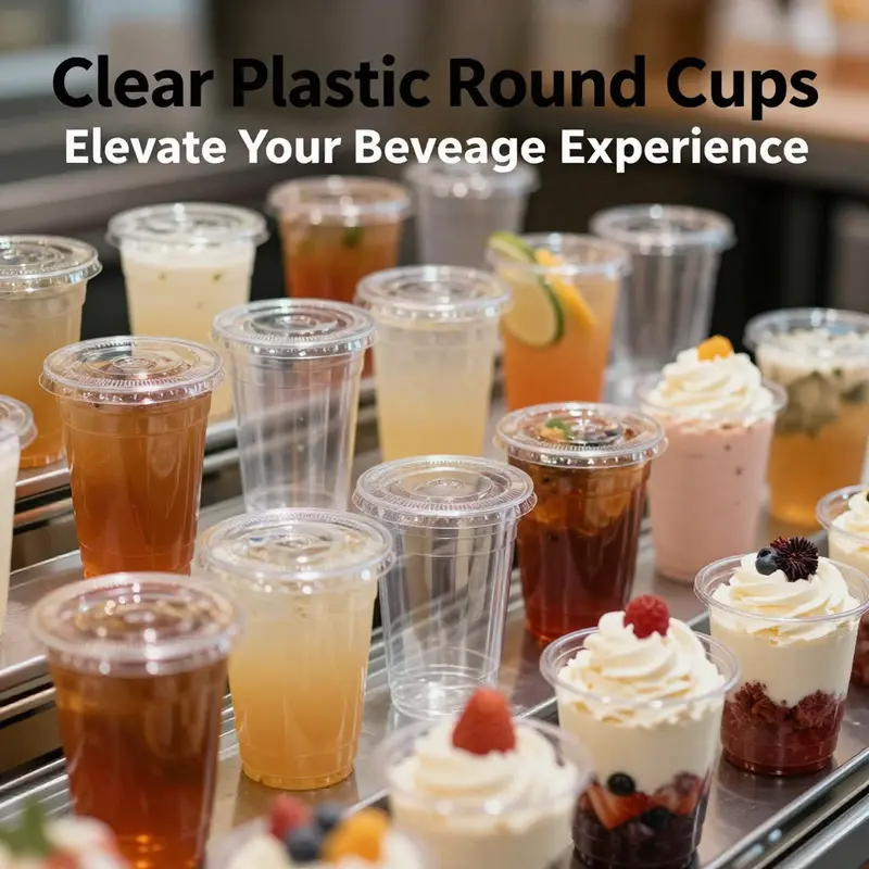 A collection of clear plastic round cups filled with colorful beverages and desserts, showcasing their versatility.