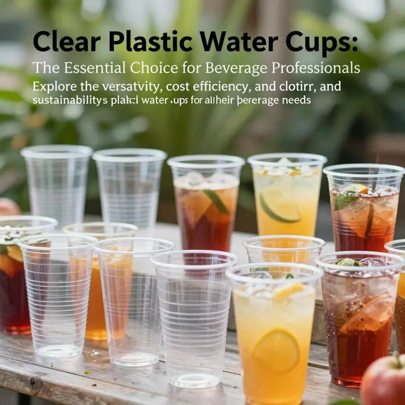 A lively assortment of clear plastic water cups filled with various drinks in an outdoor café setting.