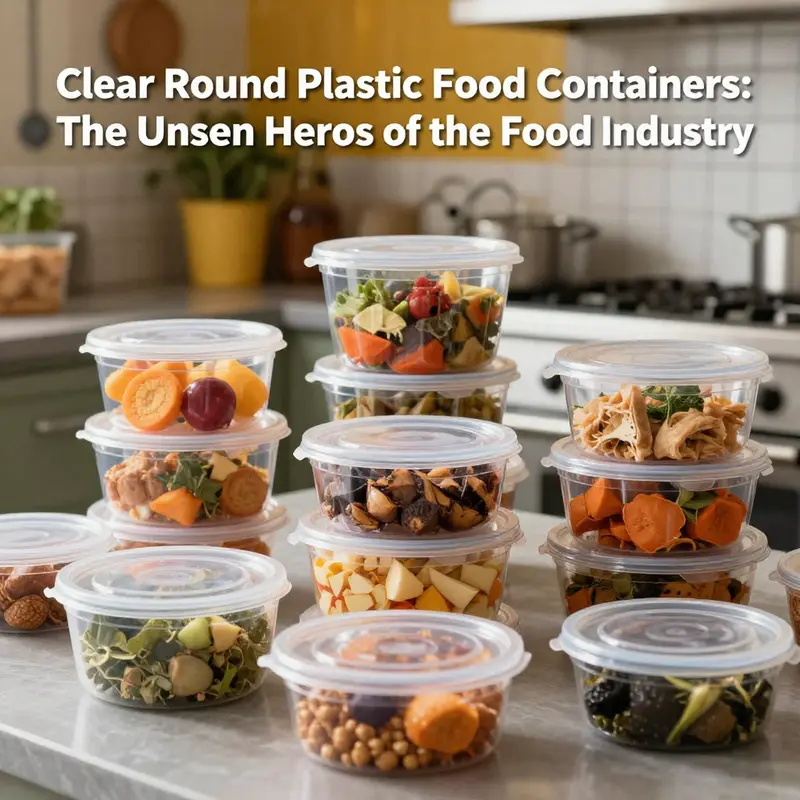An assortment of clear round plastic food containers filled with different foods in a kitchen setting.