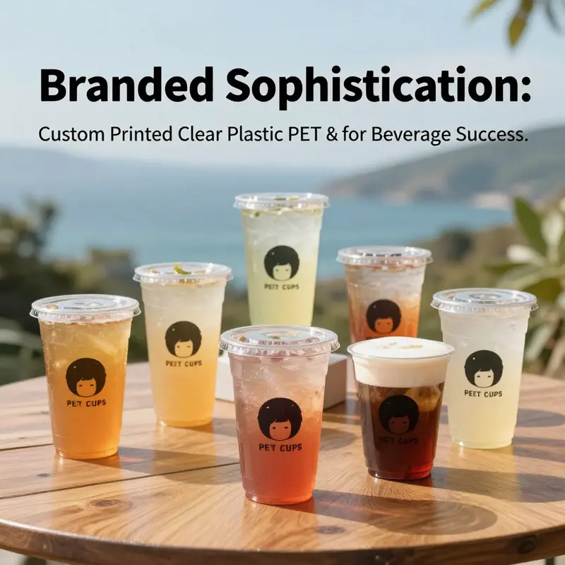 A collection of custom printed clear plastic PET cups beautifully arranged, highlighting their appeal and branding options.