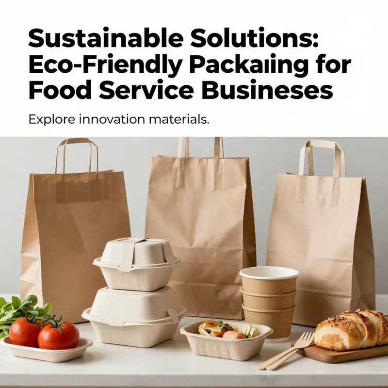 An array of eco-friendly food packaging products, including biodegradable bags and paper containers, emphasizing sustainability in food service.
