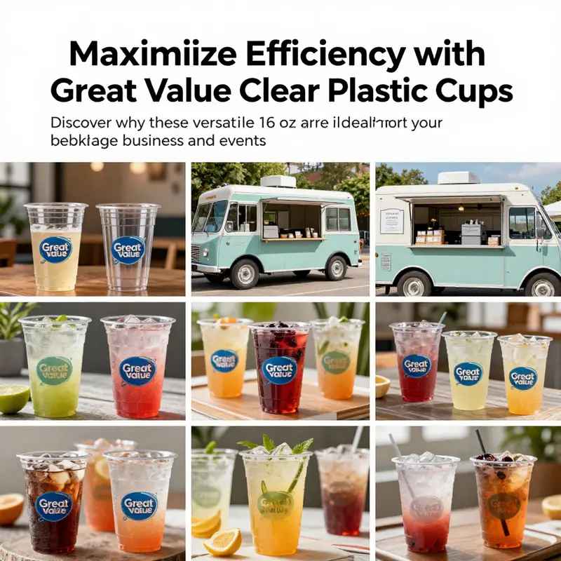 A composite image of Great Value Clear Plastic Cups filled with drinks in a cafe, food truck, and event.