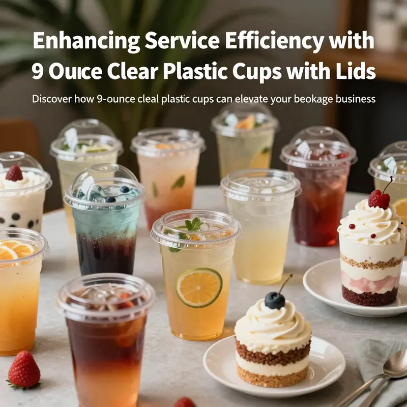 A vibrant display of various 9-ounce clear plastic cups filled with beverages and desserts.