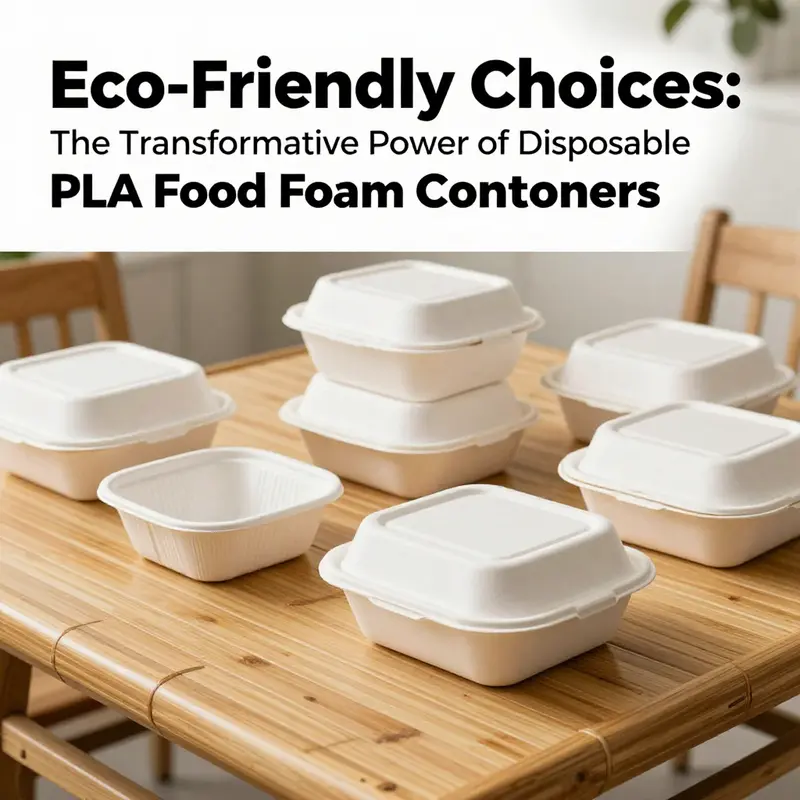 Display of disposable PLA food foam containers on a bamboo table, emphasizing eco-friendliness.