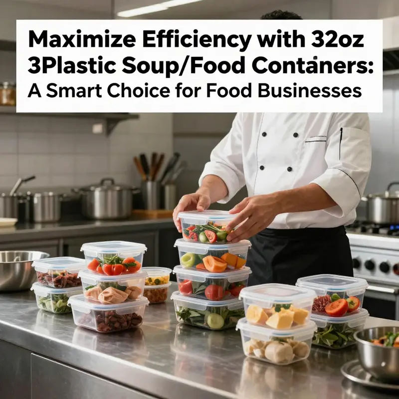 A chef preparing food into clear 32oz plastic food containers in a professional kitchen environment.