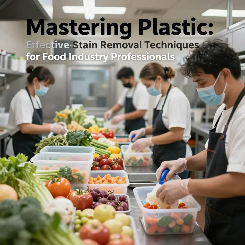 Staff in a busy kitchen actively cleaning and organizing plastic containers with various foods.