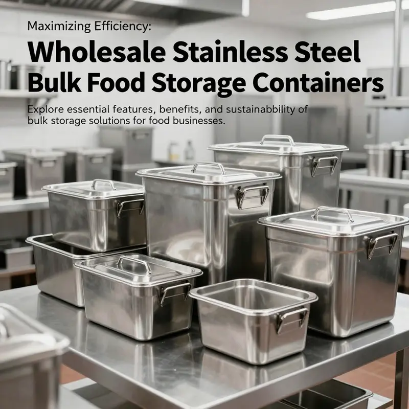 Overview of a clean commercial kitchen showcasing stainless steel bulk food storage containers.