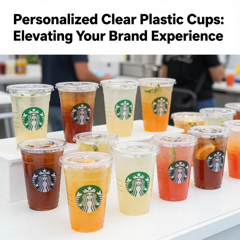 A collection of personalized clear plastic cups with colorful designs and labels displayed in a lively setting.