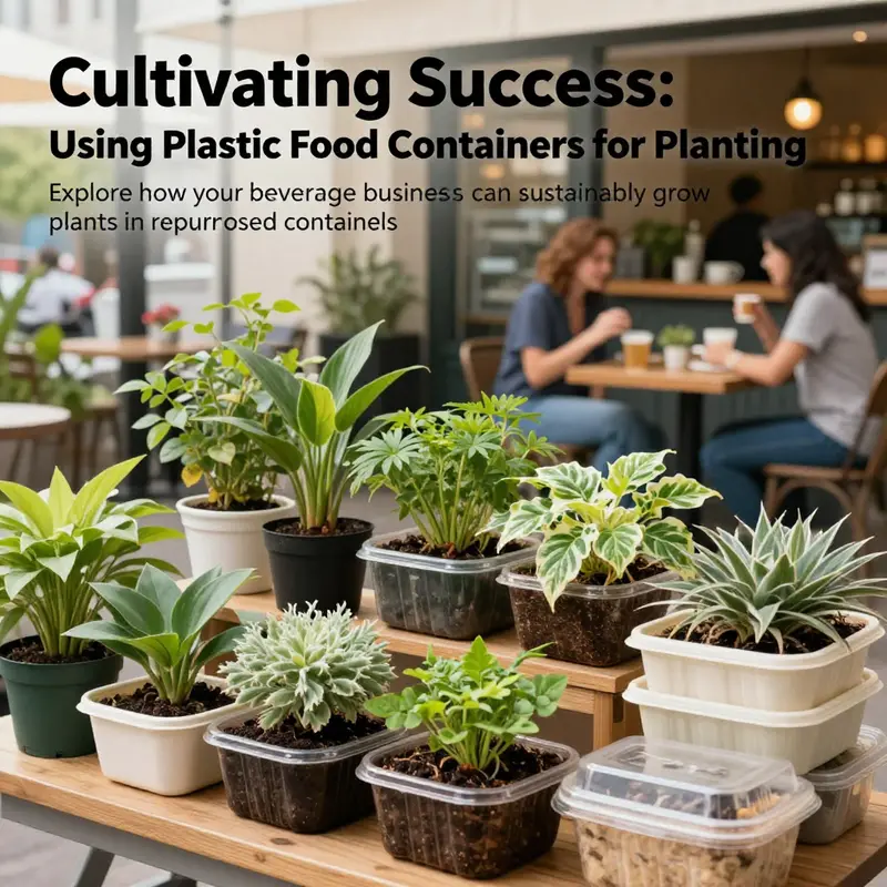 An outdoor café with lush plants growing in repurposed plastic containers, creating a cozy and eco-friendly atmosphere.