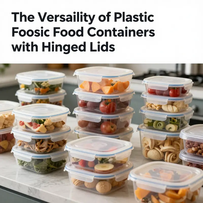 A collection of plastic food containers with hinged lids displaying a variety of food items in a stylish arrangement.