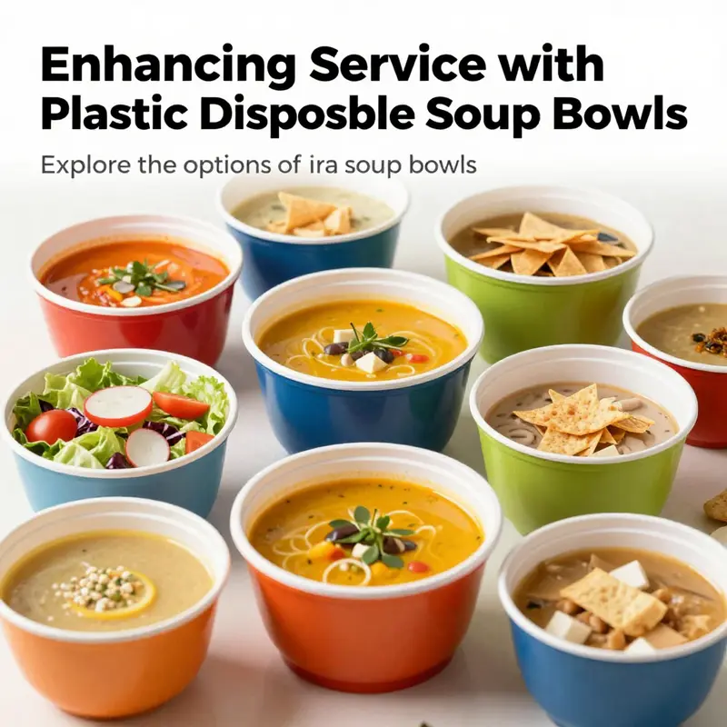 A variety of plastic disposable soup bowls filled with soups and salads, demonstrating their versatility.
