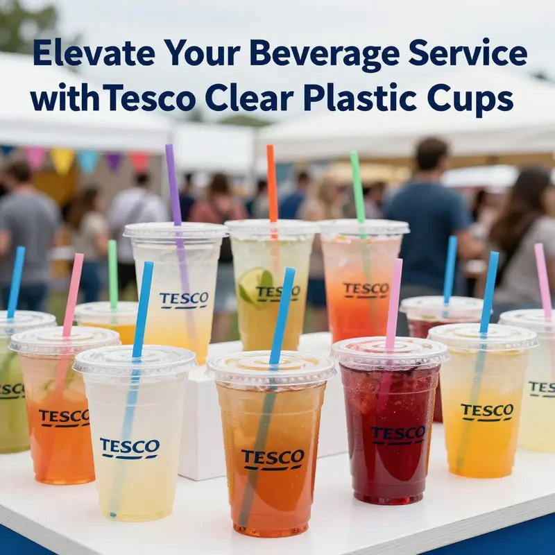 A colorful array of Tesco clear plastic cups filled with beverages, displayed at a vibrant outdoor festival, showcasing their appeal in festive settings.