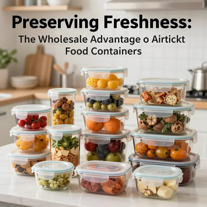 An enticing display of various airtight food containers filled with food items, set in a modern kitchen background.