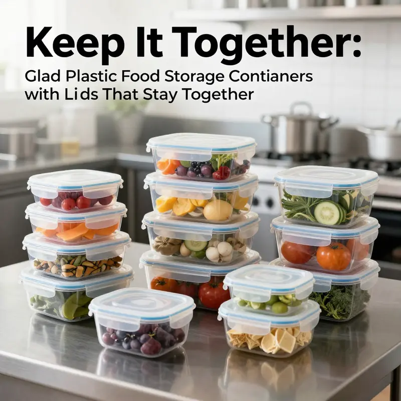 A well-organized kitchen displaying Glad plastic food storage containers filled with vibrant food ingredients.