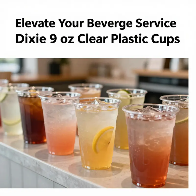 Dixie 9 oz clear plastic cups showcased with beverages, highlighting their features.