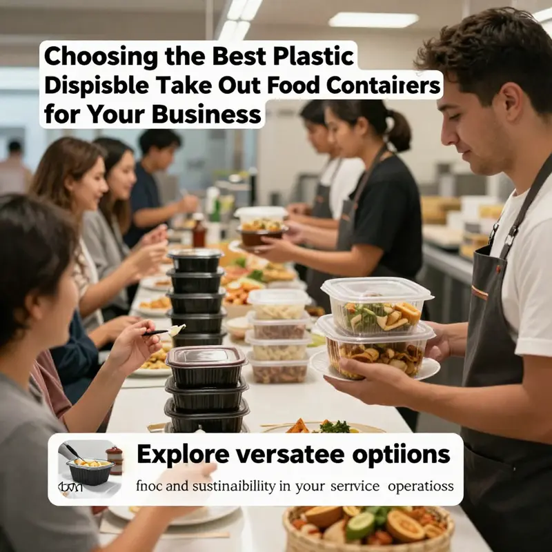 A busy food service area with staff serving customers using a variety of plastic disposable take out food containers.