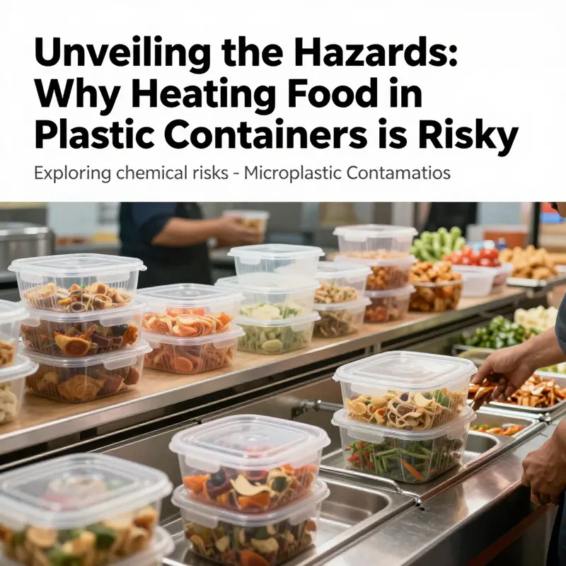 A dynamic food service setting displaying both plastic containers and safer alternatives for heating food.