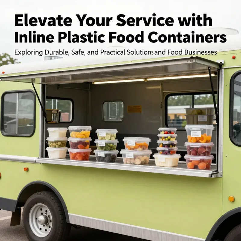 A food truck showcasing a selection of inline plastic food containers, emphasizing their practicality and appeal in food service.