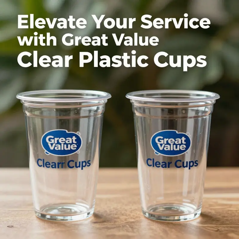 Overview of Great Value Clear Plastic Cups showcasing sizes and pack quantities.