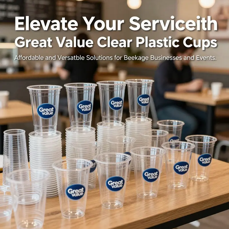 Great Value Clear Plastic Cups displayed in a lively café atmosphere.